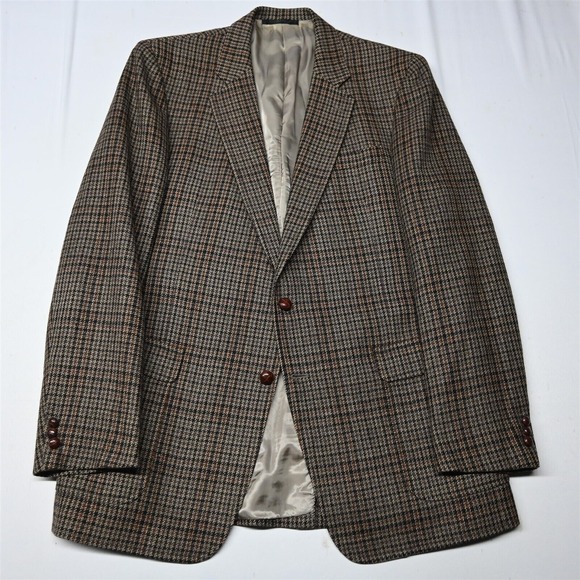 Vtg Jonathon Hard 46 X-Long Brown Houndstooth Tweed Blazer‎ Sport Coat Jacket